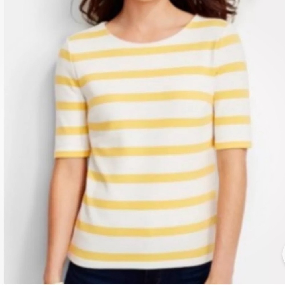 Talbots | White Yellow Striped Short
Sleeve Lace Up Tee Size: M